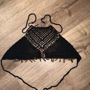 Black Crochet Halter Top with Beaded Fringe